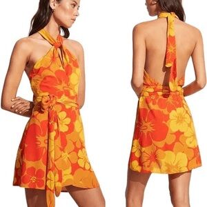 Faithfull the Brand Odette Floral Orange Yellow Halter Mini Dress Size 6 / M NWT